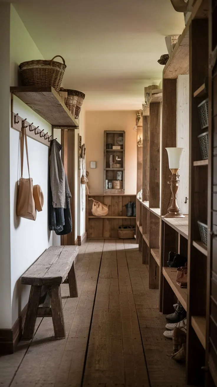 This rustic hallway showcases the charm of vintage home ideas. The rustic entryway's design, featuring a rustic wooden bench and clever hallway design, makes it the heart of this country entryway in a modern rustic home.