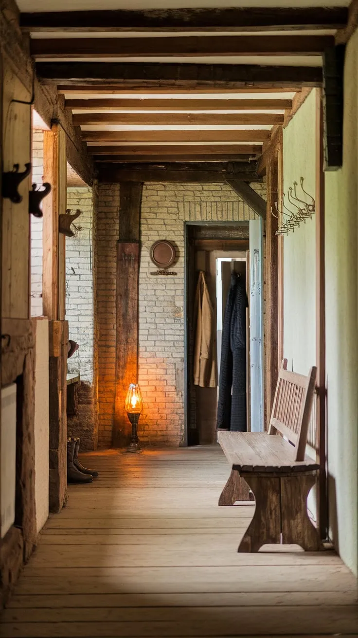 Rustic hallway perfection: This country entryway boasts a rustic wooden bench, vintage home ideas, and thoughtful home decor, showcasing the best of hallway design in a charming rustic entryway.
