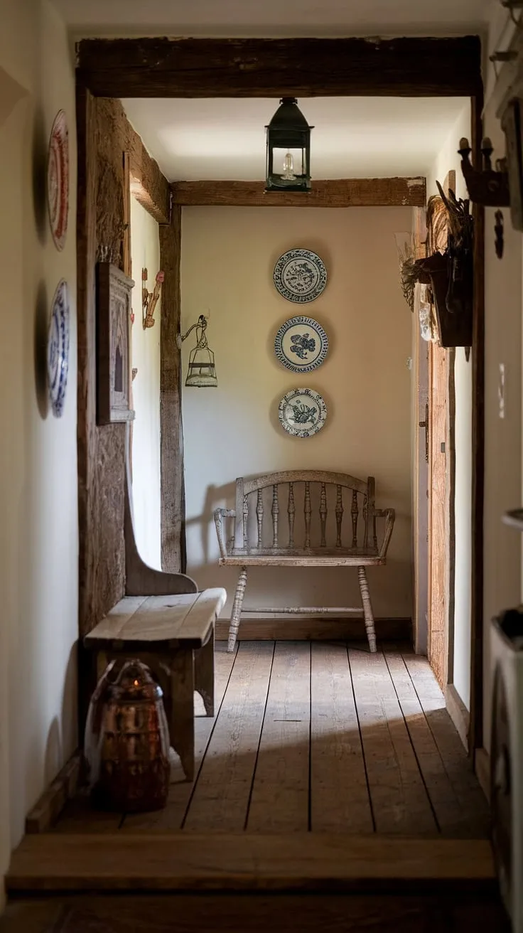 Step into cozy charm with this rustic entryway. The rustic hallway, complete with a rustic wooden bench and vintage home decor, offers endless hallway design ideas for modern rustic homes.