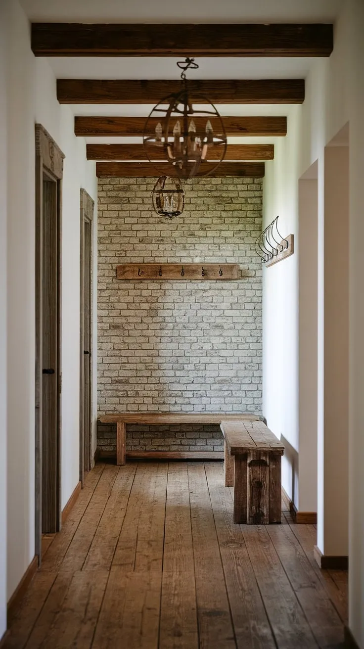 Step into the charm of this country entryway; a rustic hallway defined by exposed brick, a rustic wooden bench, and vintage home ideas that blend seamlessly with modern rustic homes. Hallway design ideas at their finest.