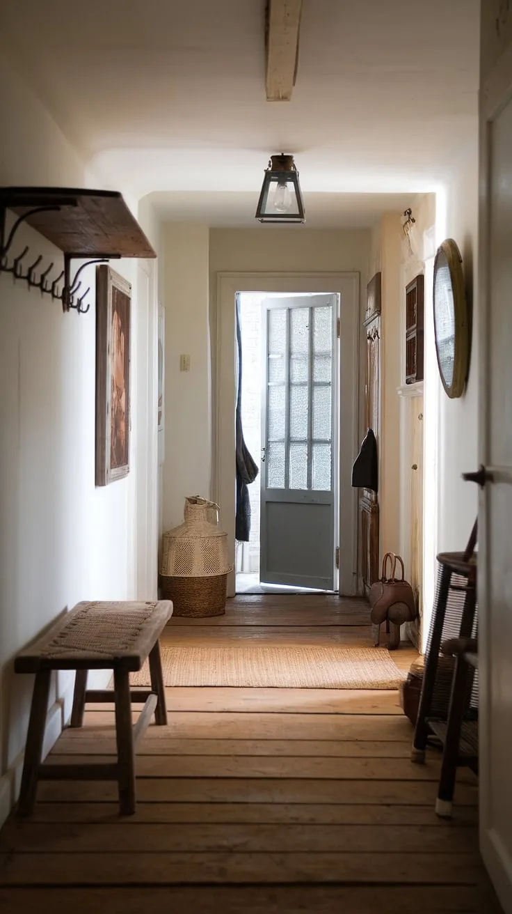 Step into this charming country entryway, where a rustic hallway unfolds with vintage furniture and a rustic wooden bench adding warmth. The white walls, simple coat hooks, and a vintage lamp complete the hallway design, offering perfect hallway design ideas for modern rustic homes. This rustic entryway is a testament to vintage home ideas and showcases exceptional home decor.