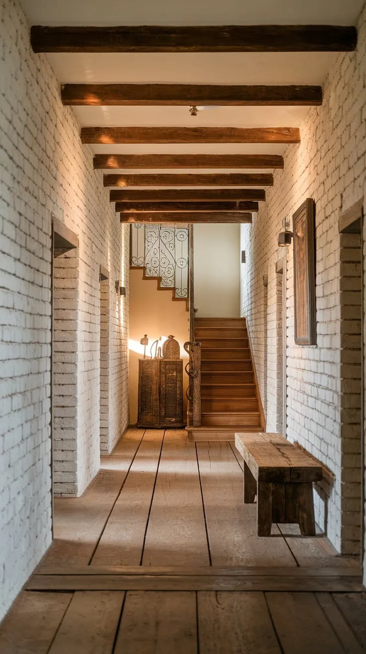 Warm lighting bathes this rustic hallway, showcasing the whitewashed brick walls, exposed wooden beams, and a charming rustic wooden bench nestled near the wrought iron staircase. This country entryway offers a wealth of hallway design ideas, perfect for those seeking vintage home ideas and modern rustic homes. The rustic entryway's design is a masterclass in home decor.