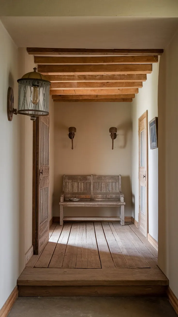 This rustic entryway welcomes you home with its warm embrace.  The rustic wooden bench, vintage lamp, and exposed wooden beams create a charming hallway design, perfect for modern rustic homes and brimming with vintage home ideas.  Hallway design ideas abound in this space, a testament to thoughtful home decor.