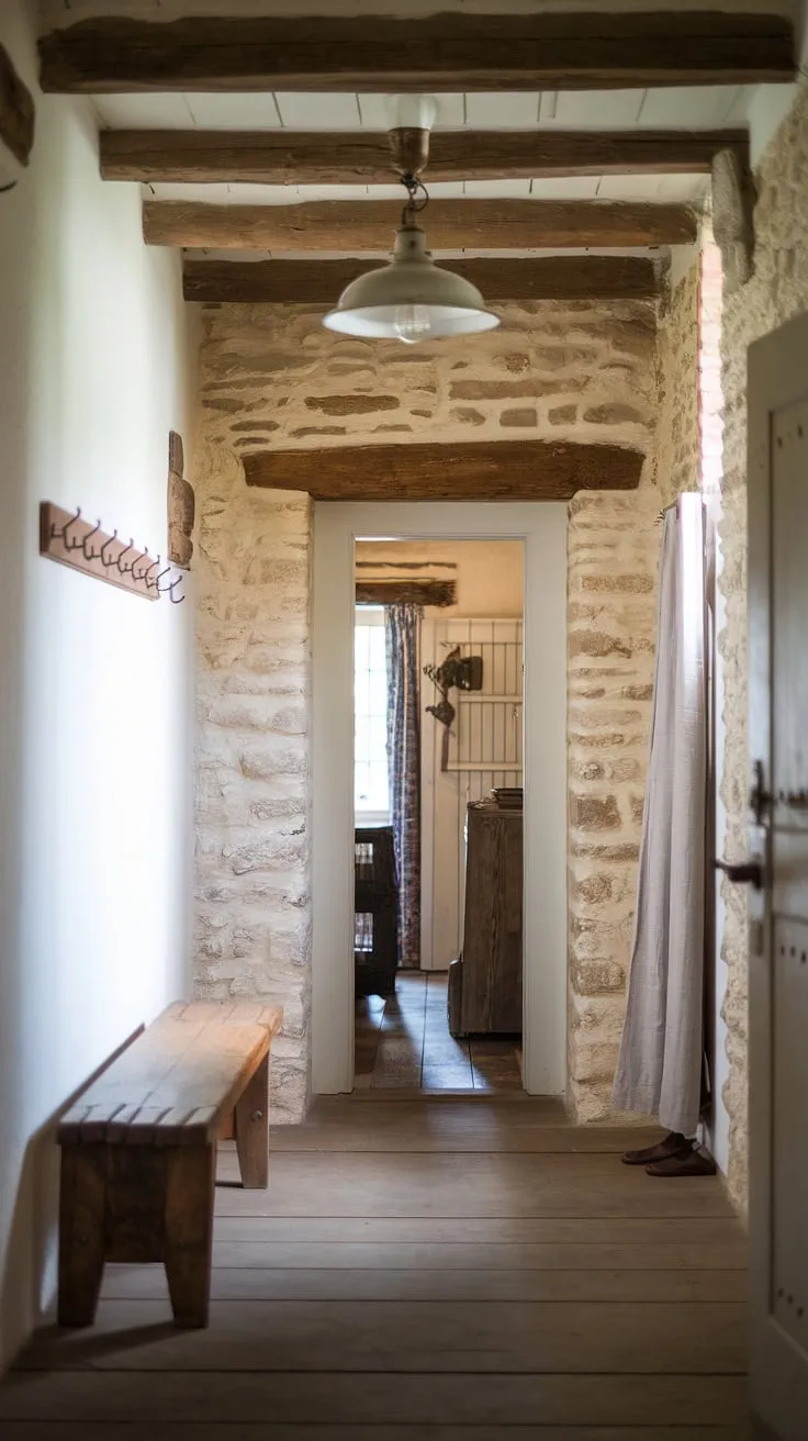 The rustic hallway's stone walls and rustic wooden bench create a captivating country entryway.  This hallway design effortlessly blends vintage home ideas with modern rustic homes, offering inspiration for your own hallway design ideas and home decor. The rustic entryway is a testament to thoughtful design.