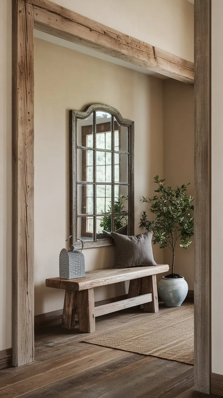 This country entryway welcomes you home with its rustic charm.  The rustic wooden bench, vintage mirror, and thoughtful home decor create a cozy and inviting rustic hallway, perfect for modern rustic homes.  These hallway design ideas effortlessly blend vintage home ideas with contemporary style.