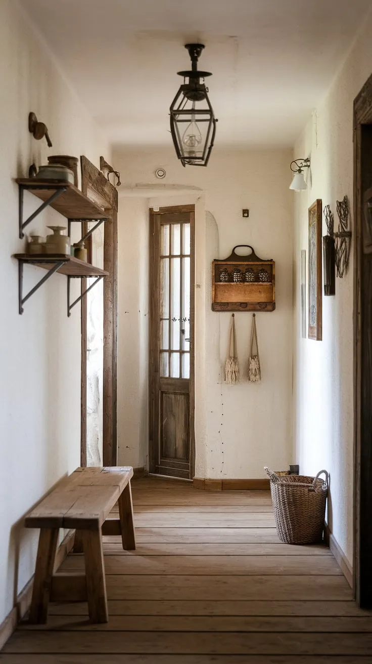 Step into the heart of this charming country entryway, where a rustic wooden bench invites you to pause and admire the rustic hallway's vintage home ideas.  The worn wooden planks and subtly distressed walls whisper tales of cozy evenings and welcoming gatherings, showcasing perfect hallway design ideas for modern rustic homes.  Simple home decor and a vintage-style lantern complete the scene.