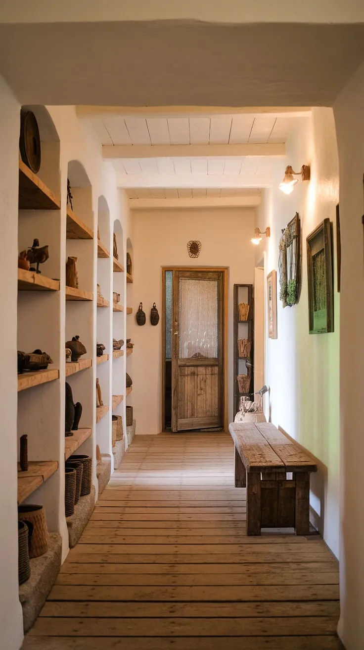 Rustic hallway perfection: This country entryway boasts a rustic wooden bench, inviting shelves, and warm lighting, offering endless hallway design ideas for your own modern rustic homes. A blend of vintage home ideas and stylish home decor.