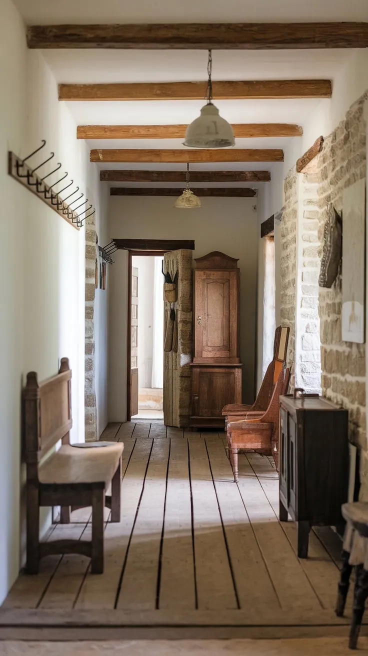 Rustic hallway perfection: This rustic entryway showcases vintage home ideas and hallway design, featuring a rustic wooden bench and stone walls. Perfect inspiration for your modern rustic homes home decor.
