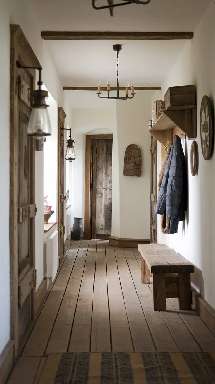 Rustic hallway charm meets modern elegance in this country entryway. The rustic wooden bench adds a touch of warmth to this hallway design, showcasing the best of vintage home ideas and home decor in modern rustic homes.