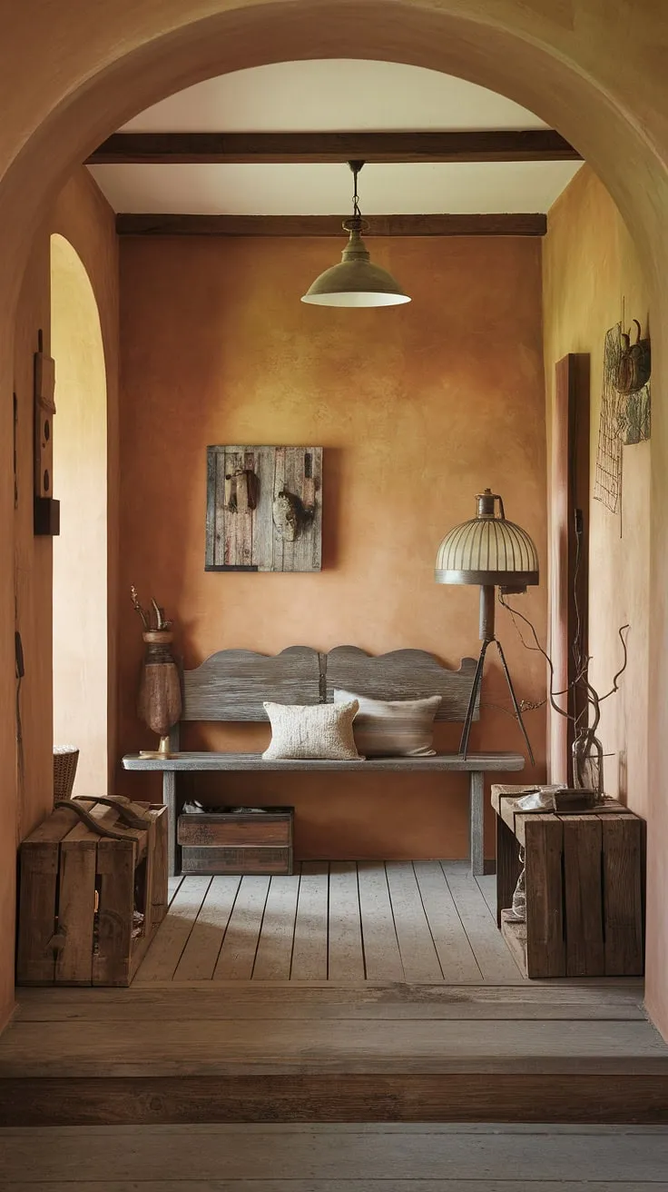 Step into this charming country entryway, where a rustic wooden bench invites you to pause and admire the hallway design. The warm-toned walls with textured finish, a vintage lamp casting a soft glow, and a distressed wood floor create the perfect blend of rustic hallway and modern rustic homes aesthetics. A few personal touches, like a wooden crate and a branch, add to the vintage home ideas and home decor charm. This rustic entryway is a testament to thoughtful hallway design ideas.