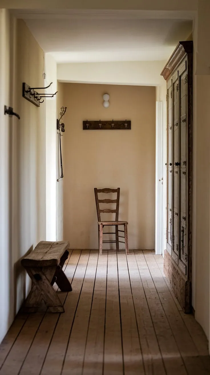 Step into this charming country entryway, where a rustic hallway unfolds with vintage home ideas at every turn. The rustic wooden bench offers a welcoming seat, while a vintage wooden chair adds to the hallway design, showcasing the perfect blend of modern rustic homes and traditional style. This hallway design ideas inspiration is perfect for those seeking unique home decor.