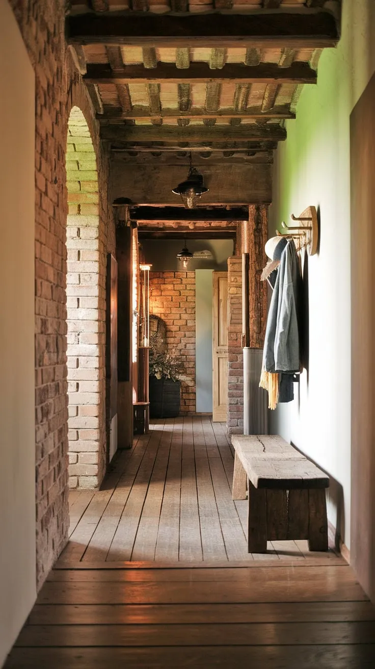 This rustic hallway is the heart of this country entryway, a perfect blend of vintage home ideas and modern rustic homes. The rustic wooden bench adds a touch of warmth, complementing the exposed brick and wooden beams. Simple home decor and thoughtful hallway design ideas create a welcoming atmosphere in this rustic entryway. The hallway design is both functional and aesthetically pleasing.