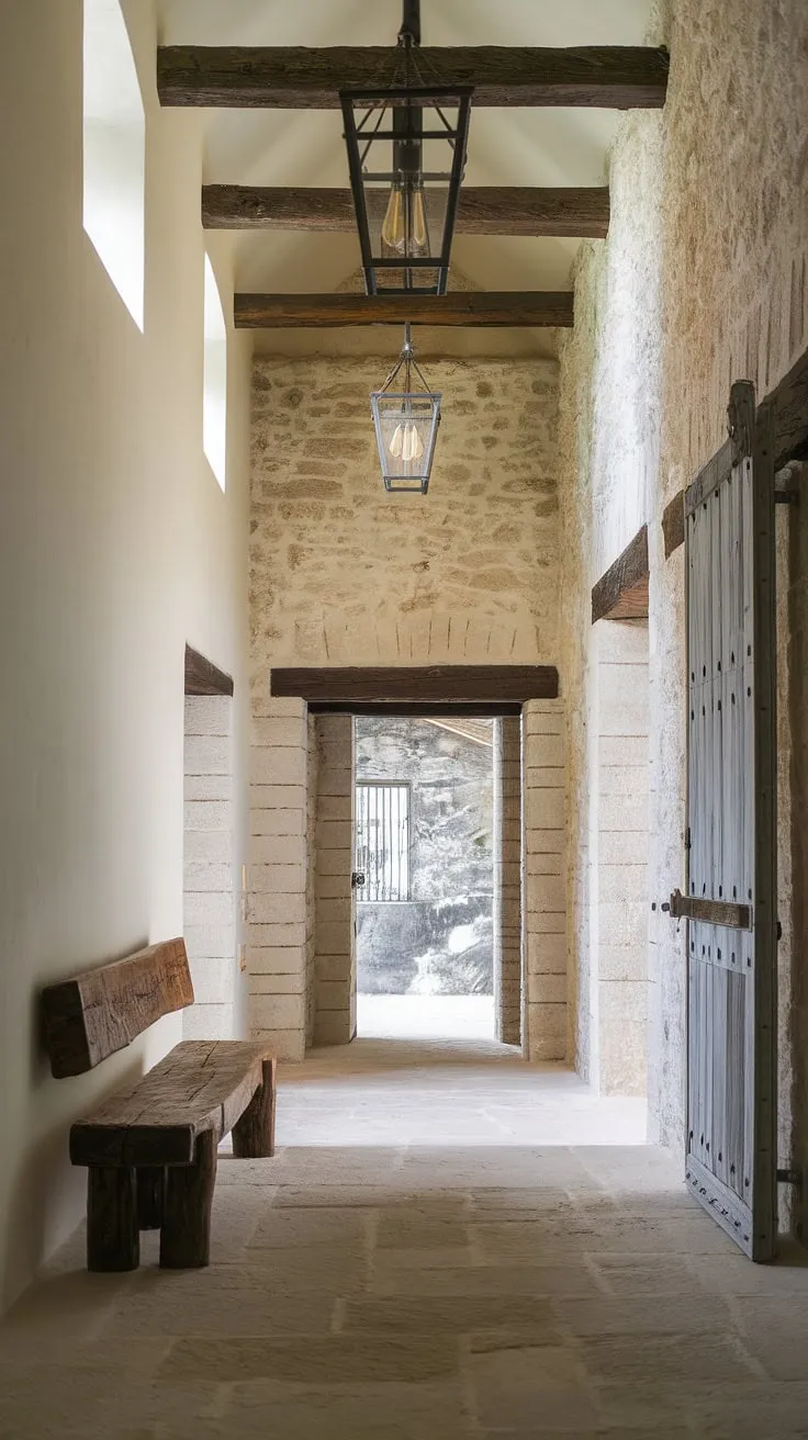 Step into this inviting country entryway, where a rustic hallway unfolds with charming stone walls and a high ceiling. The rustic wooden bench offers a welcoming seat, while vintage light fixtures add a touch of old-world charm to this modern rustic home. This hallway design, perfect for vintage home ideas and home decor enthusiasts, showcases stunning hallway design ideas for modern rustic homes.