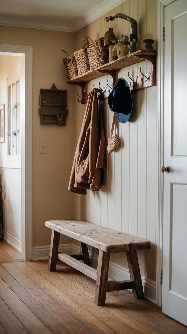 This rustic entryway boasts a rustic hallway brimming with vintage home ideas. A rustic wooden bench sits invitingly near the wall, adding to the cozy feel. The hallway design, with its practical coat hooks and light-colored walls, is a perfect example of stylish hallway design ideas for modern rustic homes and showcases charming home decor.
