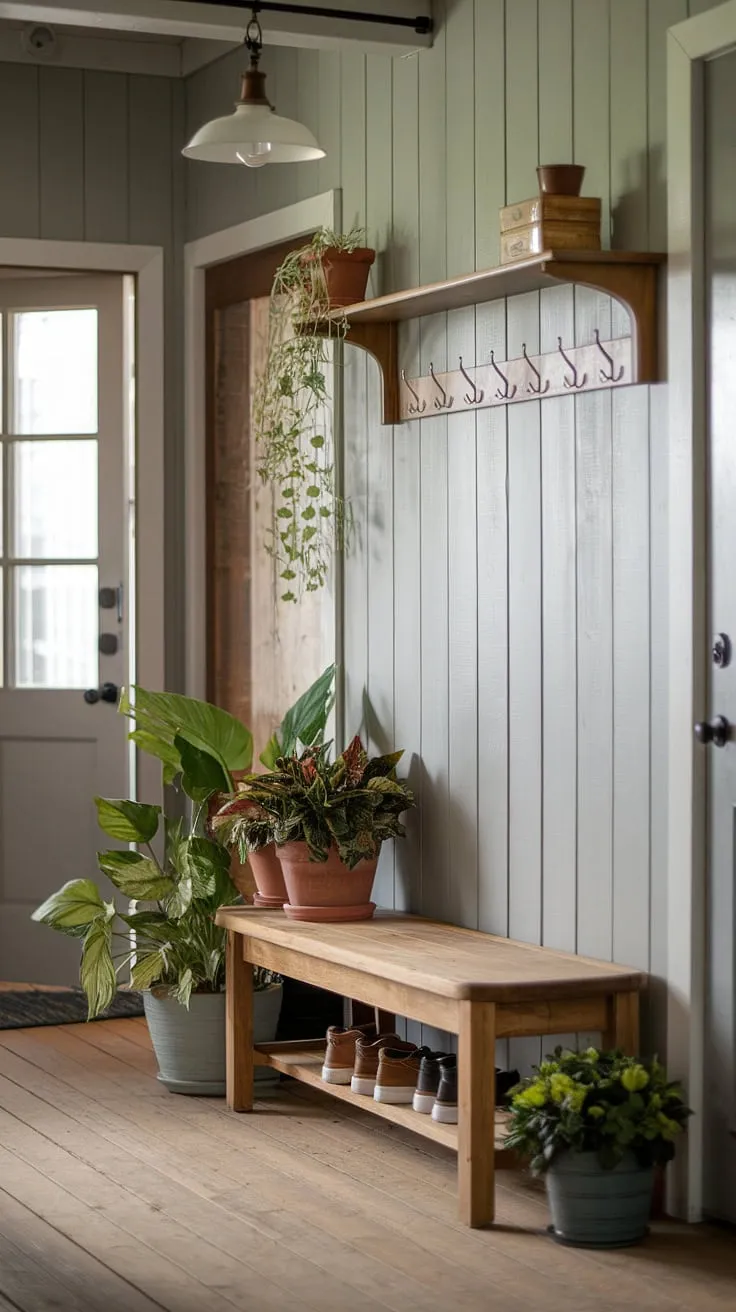 This rustic entryway welcomes you home with its charming blend of vintage home ideas and modern rustic homes style. The rustic wooden bench offers a cozy spot to pause, while the potted plants and simple home decor add a touch of nature's elegance.  Hallway design ideas abound in this space, showcasing a perfect balance of rustic hallway charm and functional design.