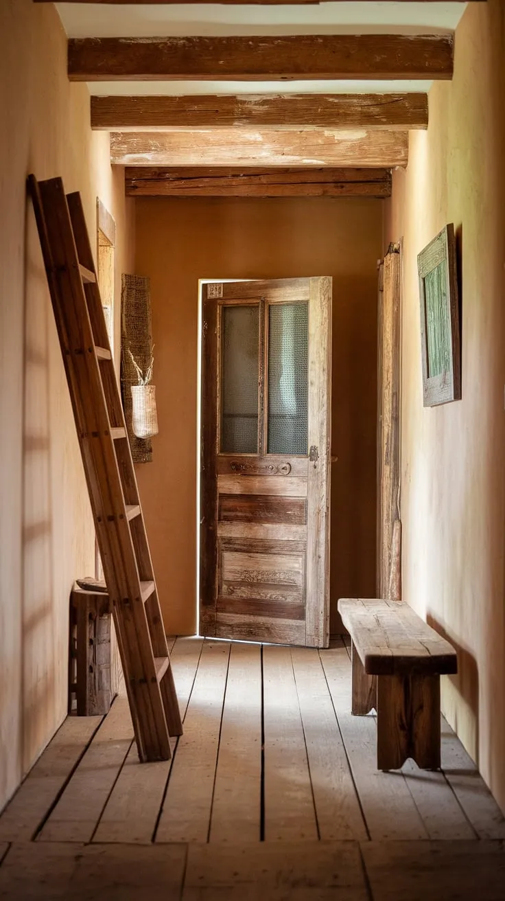 Step into the heart of this charming country entryway, where a rustic hallway unfolds, showcasing vintage finds like a rustic wooden bench and weathered ladder.  This hallway design, perfect for modern rustic homes, offers a wealth of hallway design ideas and vintage home ideas for your own home decor.