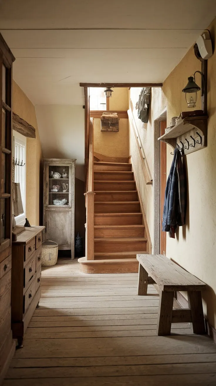 Discover the allure of this rustic hallway.  A vintage wooden cabinet and rustic wooden bench add character to this country entryway, while the textured walls and wooden floors complete the inviting atmosphere.  Perfect inspiration for hallway design and home decor, this space embodies the spirit of modern rustic homes.