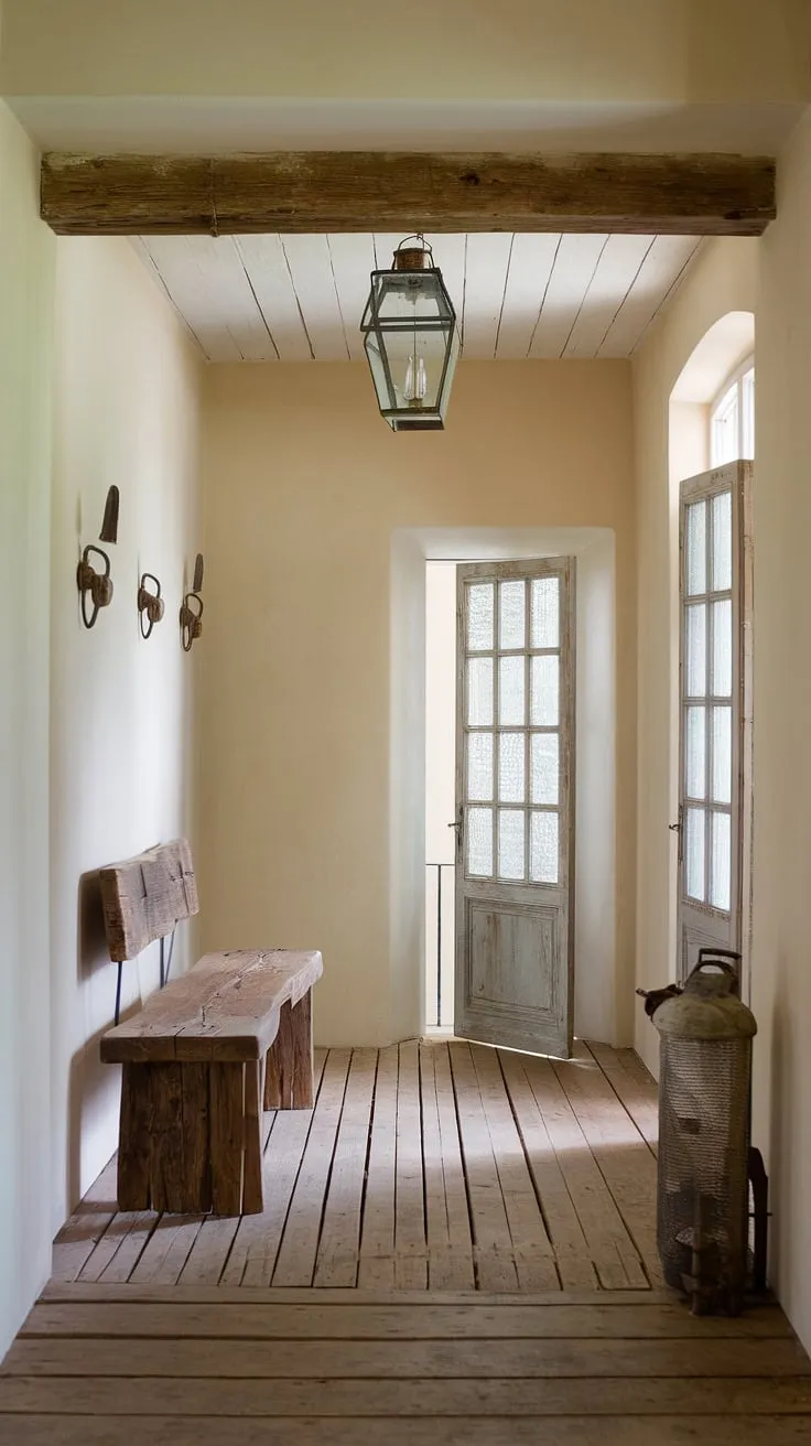 This rustic entryway is the epitome of modern rustic homes. A rustic wooden bench sits invitingly against the soft beige walls of this rustic hallway, offering a cozy spot to pause. The worn wooden floorboards and vintage lantern hanging above complete the inviting hallway design, providing ample hallway design ideas and inspiration for your own home decor. Perfect for those seeking vintage home ideas with a modern twist.