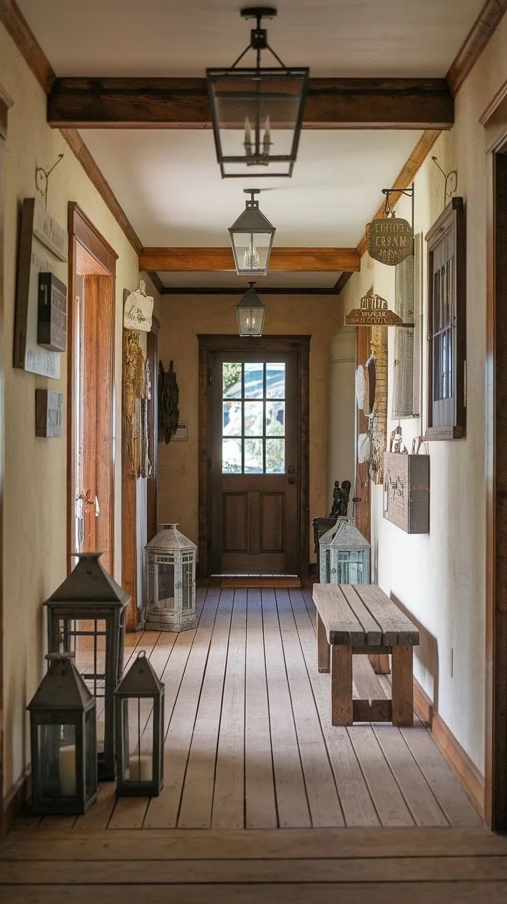 Step into this charming country entryway, where a rustic hallway unfolds with vintage lanterns and signs adorning the textured walls. A rustic wooden bench offers a welcoming seat, showcasing hallway design ideas perfect for modern rustic homes. This vintage home decor creates a truly inviting atmosphere, embodying the best of rustic entryway design.