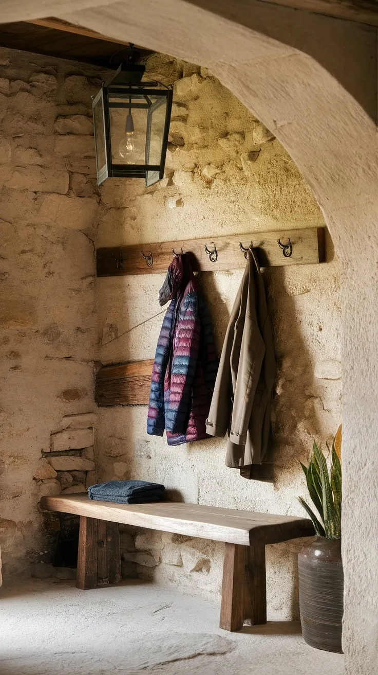 Step into cozy comfort in this rustic country entryway. The rustic wooden bench, stone walls, and hanging lantern create the perfect blend of vintage home ideas and modern rustic homes hallway design.