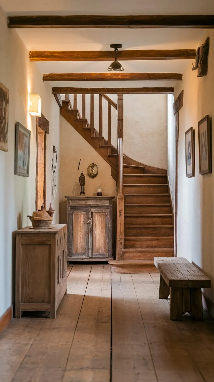 Step into the heart of this charming country entryway, where a rustic hallway unfolds with its warm lighting, textured walls, and rustic wooden bench. The vintage wooden cabinet and rustic wooden staircase add to the home's unique character, offering hallway design ideas perfect for modern rustic homes. This hallway design showcases vintage home ideas and thoughtful home decor.