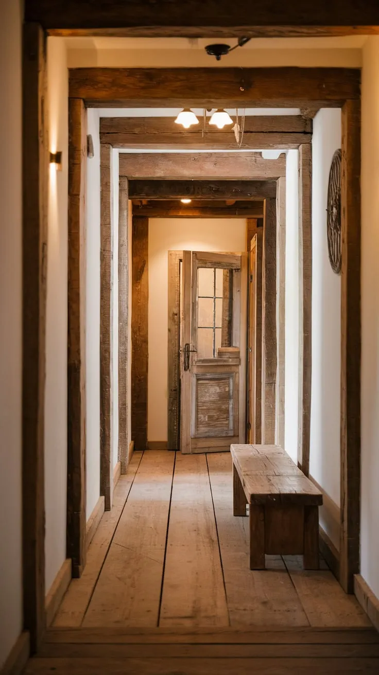 Step into cozy comfort in this rustic hallway, a perfect blend of country entryway charm and modern rustic home design. The rustic wooden bench invites you to pause and appreciate the vintage home ideas reflected in the warm lighting and thoughtful hallway design.  Hallway design ideas abound in this space, showcasing the beauty of rustic entryway style and simple home decor.