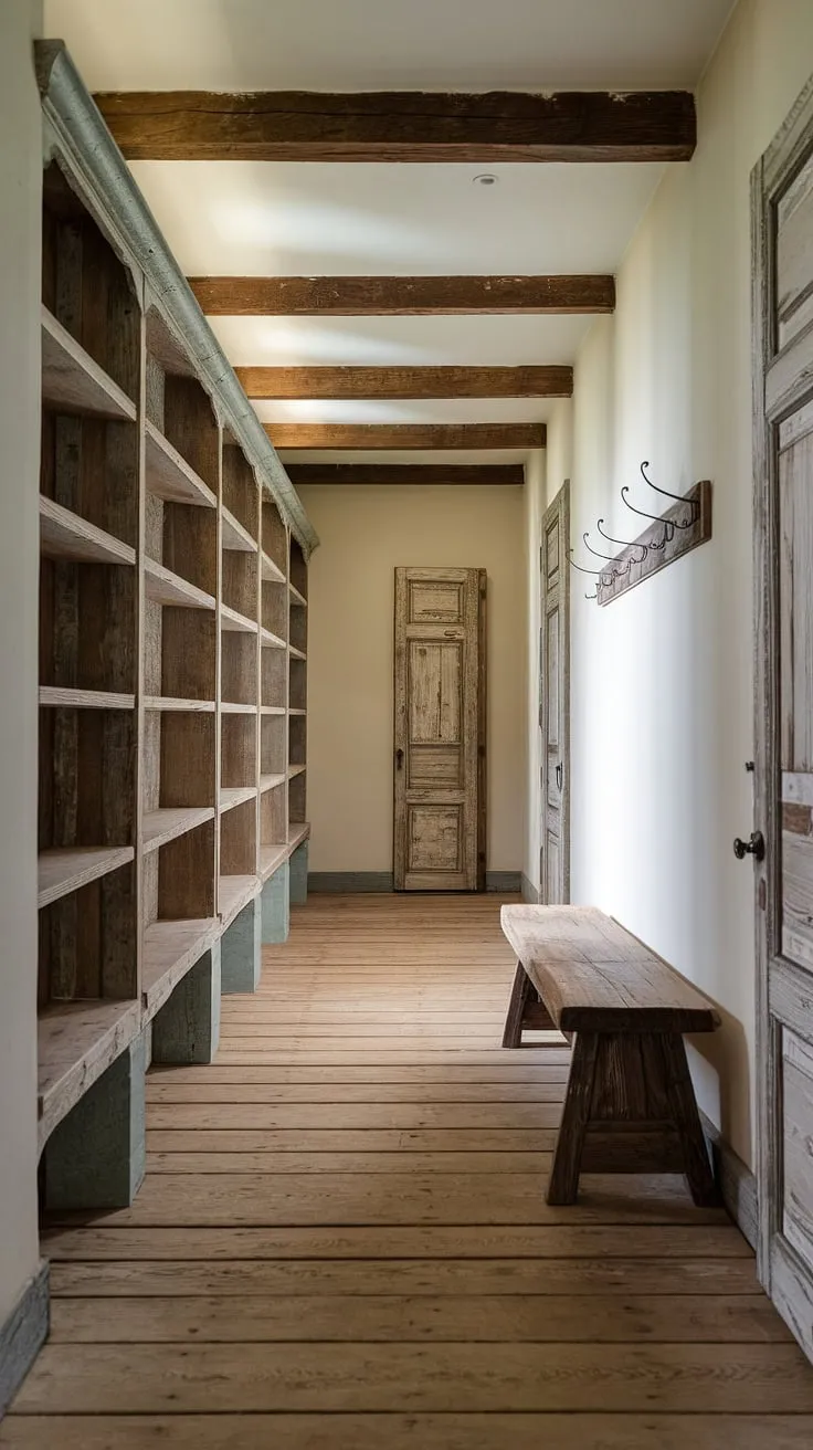 This rustic entryway welcomes you with its rustic hallway charm.  The distressed finish of the vintage shelves and rustic wooden bench adds character, while the exposed beams and thoughtful hallway design create a modern rustic feel perfect for hallway design ideas and home decor inspiration in modern rustic homes.