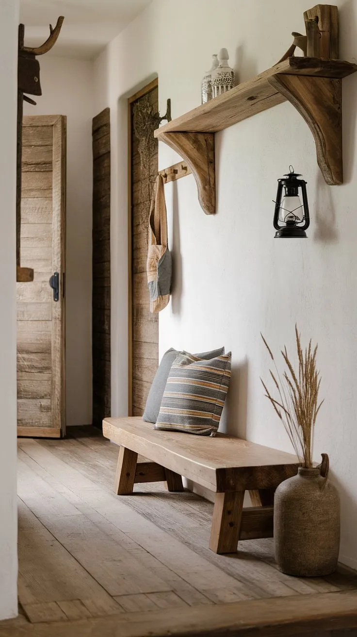 Discover hallway design inspiration in this rustic entryway.  The rustic wooden bench adds a touch of warmth to the modern rustic design, while the decorative elements and wooden plank floors complete the inviting country entryway aesthetic.  Perfect for those seeking vintage home ideas and hallway design ideas for their own space.