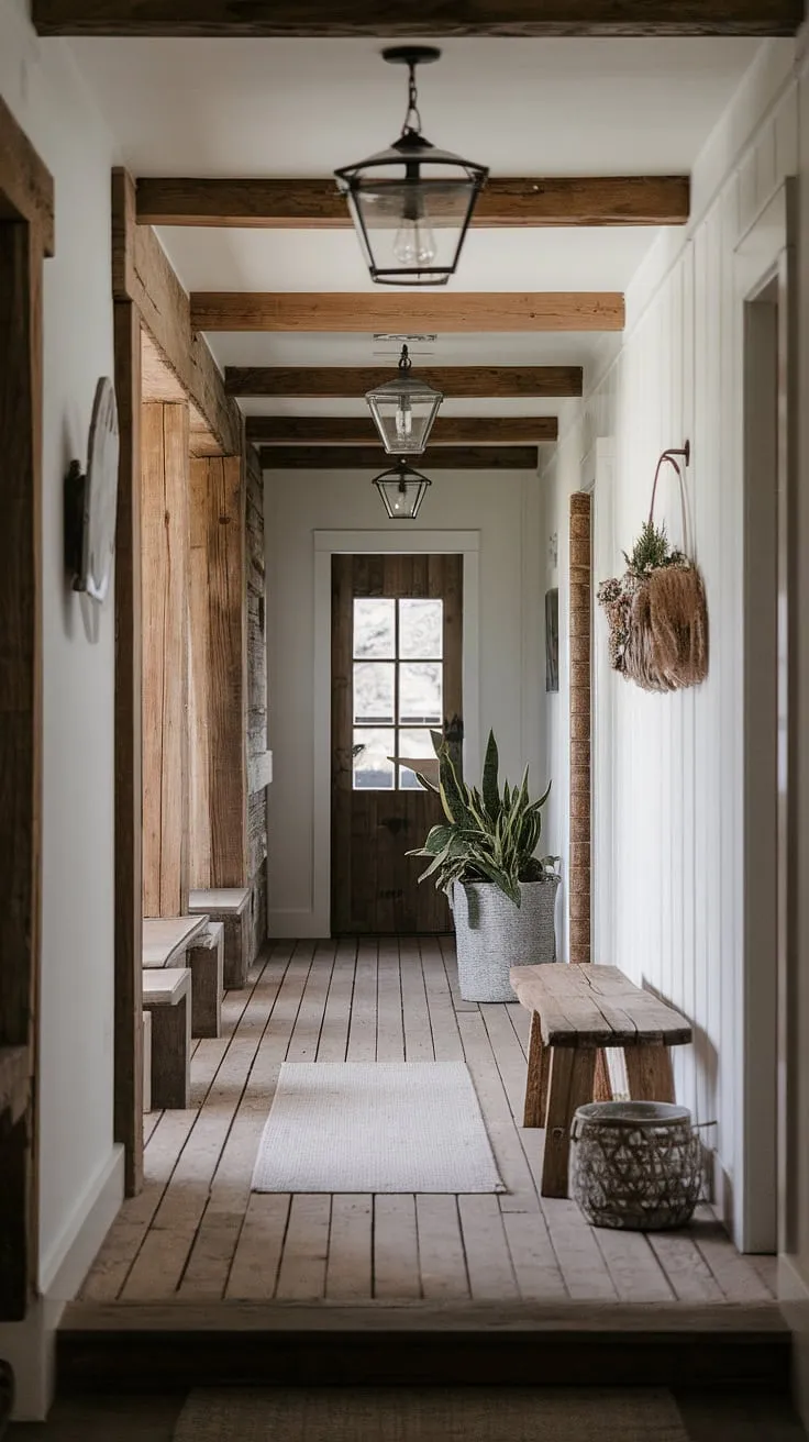 This country entryway welcomes you with its rustic charm.  The rustic hallway, complete with a rustic wooden bench, vintage light fixtures, and thoughtful home decor, offers a glimpse into the heart of this modern rustic home.  Hallway design ideas abound in this space, showcasing the perfect blend of vintage home ideas and contemporary style.