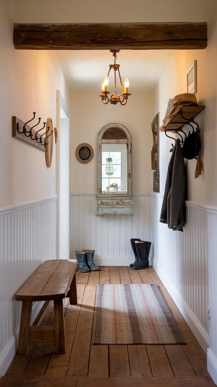 Step into this charming country entryway, where a rustic wooden bench offers a welcoming seat beneath a sparkling chandelier. The rustic hallway's warm wooden floors and thoughtfully chosen home decor, including a vintage mirror and coat hooks, create a perfect blend of modern rustic homes style and vintage home ideas. This hallway design showcases clever hallway design ideas for a truly inviting space.