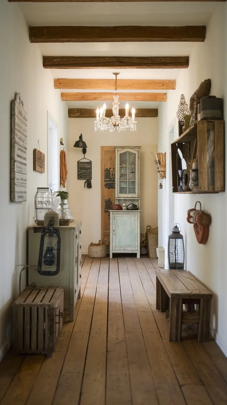 This rustic entryway boasts a captivating blend of rustic hallway design and vintage home ideas. The exposed wooden beams and wooden floors create a warm ambiance, complemented by a rustic wooden bench and a vintage cabinet. The carefully curated home decor, including a lantern and decorative sign, adds personality to this hallway design. Find inspiration for your own modern rustic homes with these hallway design ideas.