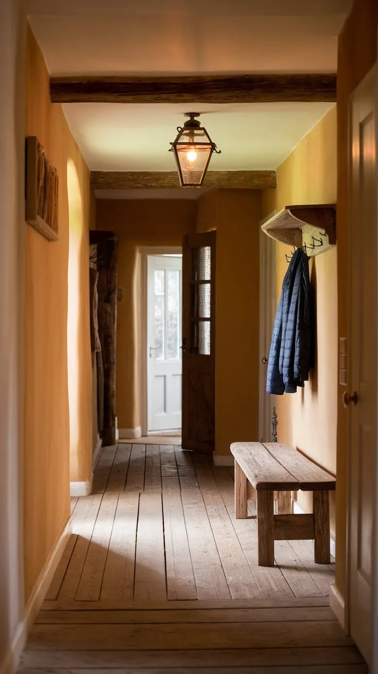 Rustic hallway, rustic entryway perfection. This country entryway boasts a rustic wooden bench, warm home decor, and inspiring hallway design ideas for modern rustic homes.