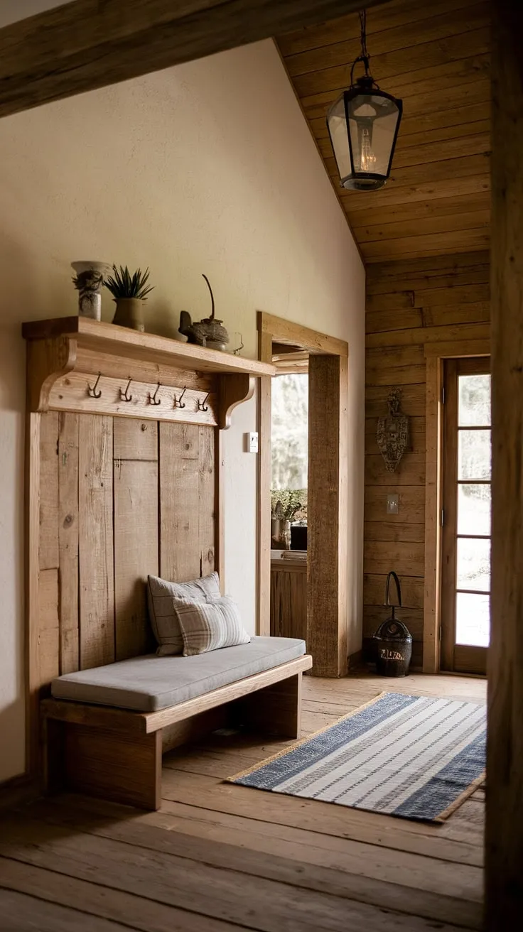 Rustic entryway charm defined: this vintage home ideas showcase features a rustic wooden bench, simple home decor, and hallway design that speaks volumes. Explore rustic hallway inspiration for your own modern rustic homes.