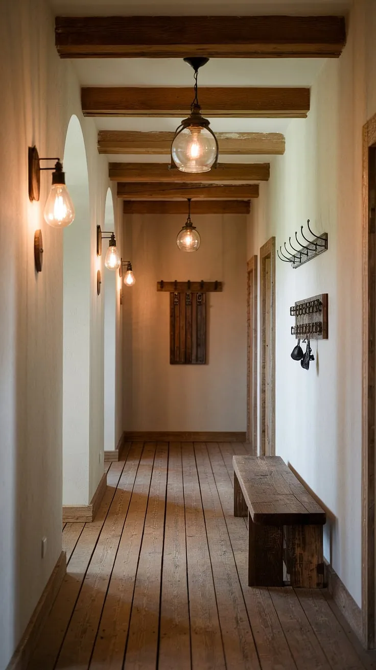 Step into this inviting country entryway, where a rustic hallway unfolds with exposed wooden beams overhead and a warm glow from vintage light fixtures. The rustic wooden bench offers a welcoming spot to pause, while the wall's vintage key rack and simple hooks add to the charming hallway design. This modern rustic home showcases clever hallway design ideas and vintage home ideas, creating a space that's both stylish and comfortable. Perfect examples of home decor in modern rustic homes.