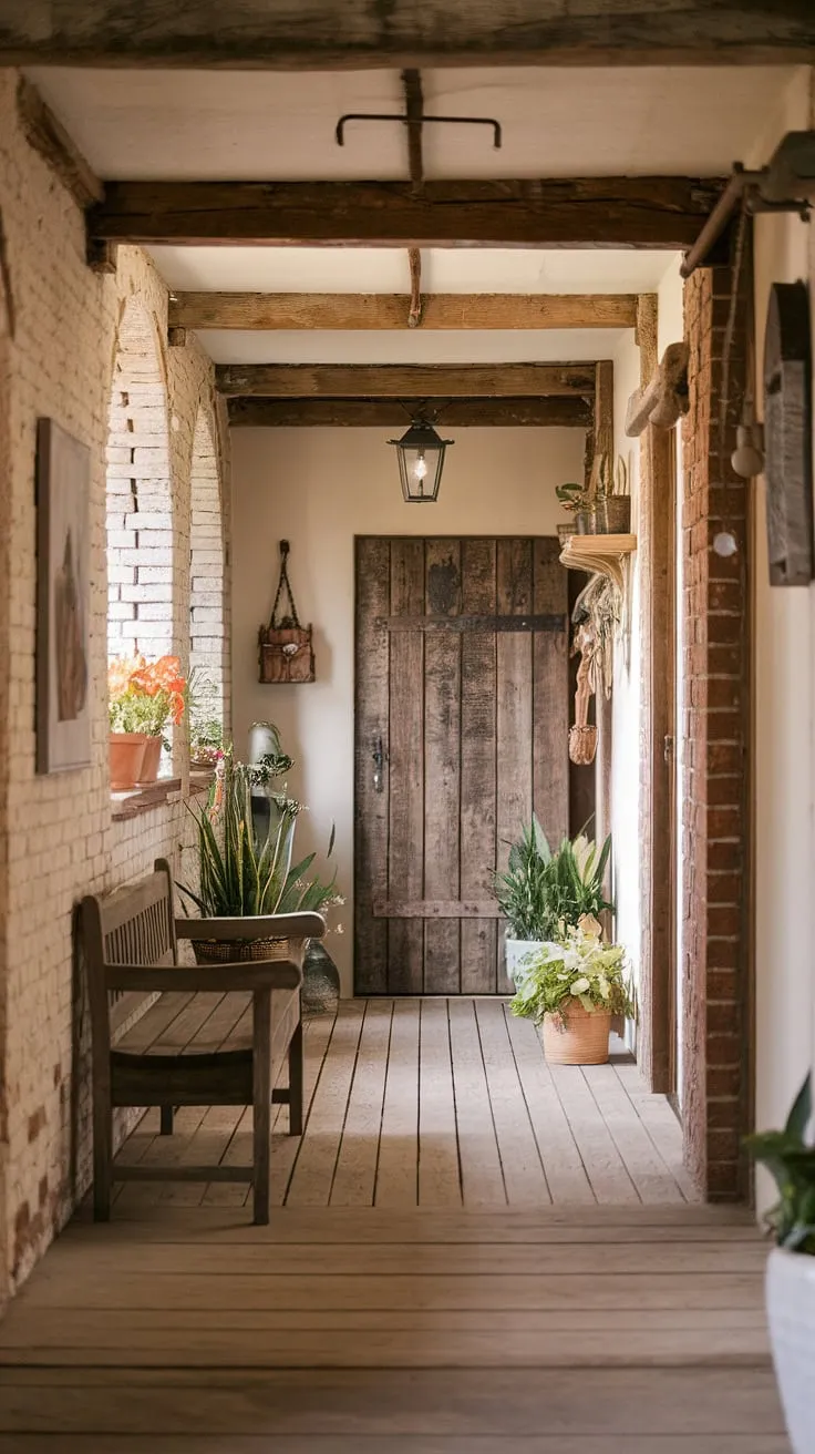 Step into the warmth of this inviting country entryway, where a rustic wooden bench welcomes you into a rustic hallway brimming with vintage home ideas and hallway design ideas. Modern rustic homes find their charm in details like these.
