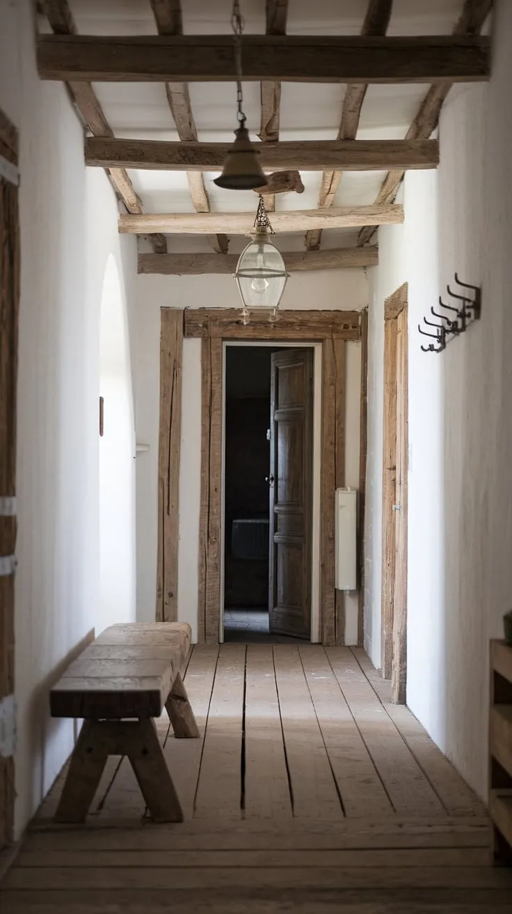 A rustic wooden bench sits invitingly in this country entryway, the perfect spot to pause and shed the day's worries. The rustic hallway, with its whitewashed walls, exposed wooden beams, and vintage light fixture, speaks to the charm of modern rustic homes and offers plenty of hallway design ideas. Worn wood floors and simple wall hooks complete the vintage home ideas and home decor.
