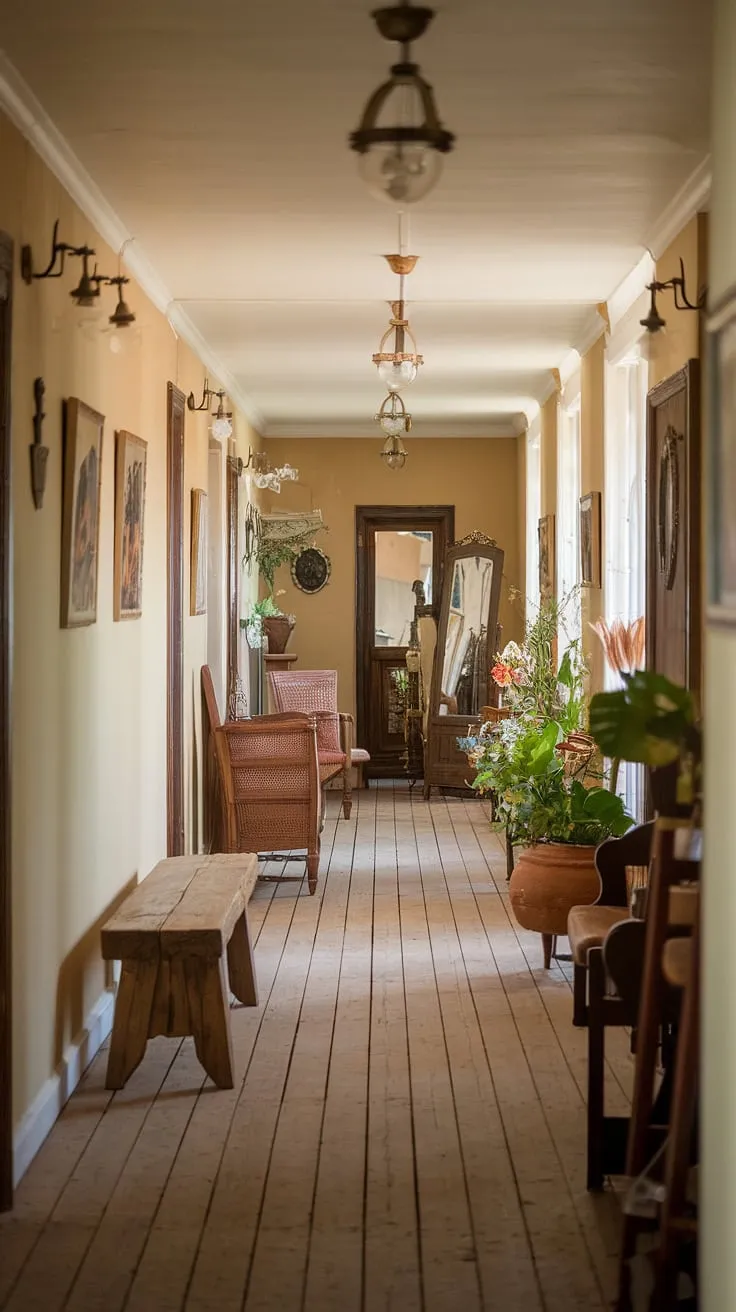 Step into the charm of this country entryway; a rustic hallway brimming with vintage home ideas and hallway design ideas. The rustic wooden bench adds a touch of warmth to this rustic entryway, perfect for modern rustic homes.