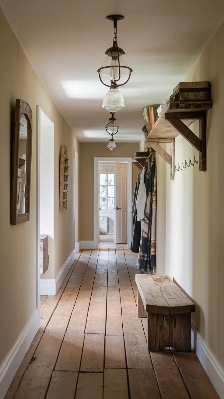 This rustic hallway, a perfect blend of vintage home ideas and modern rustic homes design, welcomes you into a world of country charm. The rustic wooden bench offers a cozy spot to pause, while the hallway design ideas, including the vintage light fixtures and rustic wooden shelves, create a captivating atmosphere.