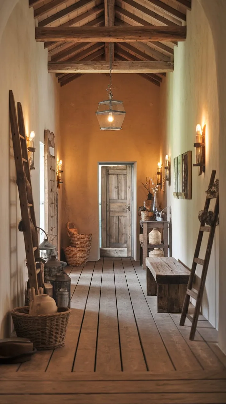 This rustic hallway is a masterclass in hallway design ideas.  The rustic wooden bench, vintage finds, and exposed beams create a rustic entryway that's both inviting and stylish.  Perfect inspiration for those seeking unique vintage home ideas and modern rustic homes with character.