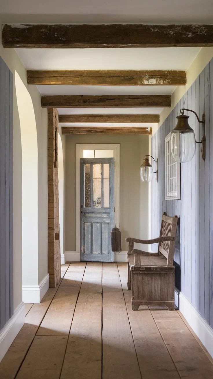 Rustic hallway perfection! This rustic entryway, showcasing a charming rustic wooden bench and thoughtful home decor, is a masterclass in hallway design.  Modern rustic homes find their ideal expression in this space, offering endless hallway design ideas.