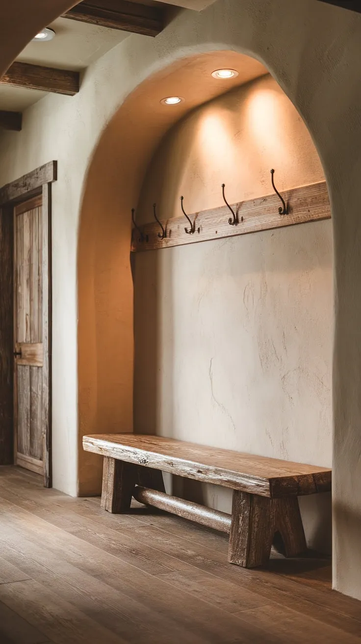 This rustic hallway design effortlessly combines modern rustic homes elements with vintage home ideas. The rustic wooden bench nestled in this country entryway provides a touch of rustic charm, while the textured walls and warm lighting enhance the overall hallway design ideas and home decor.