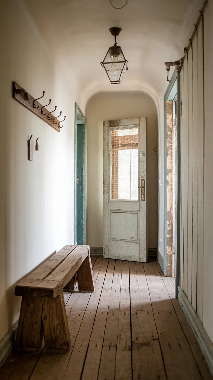 Rustic hallway perfection. This country entryway, complete with a rustic wooden bench and vintage details, offers endless hallway design ideas for modern rustic homes. A perfect example of vintage home ideas and charming home decor.
