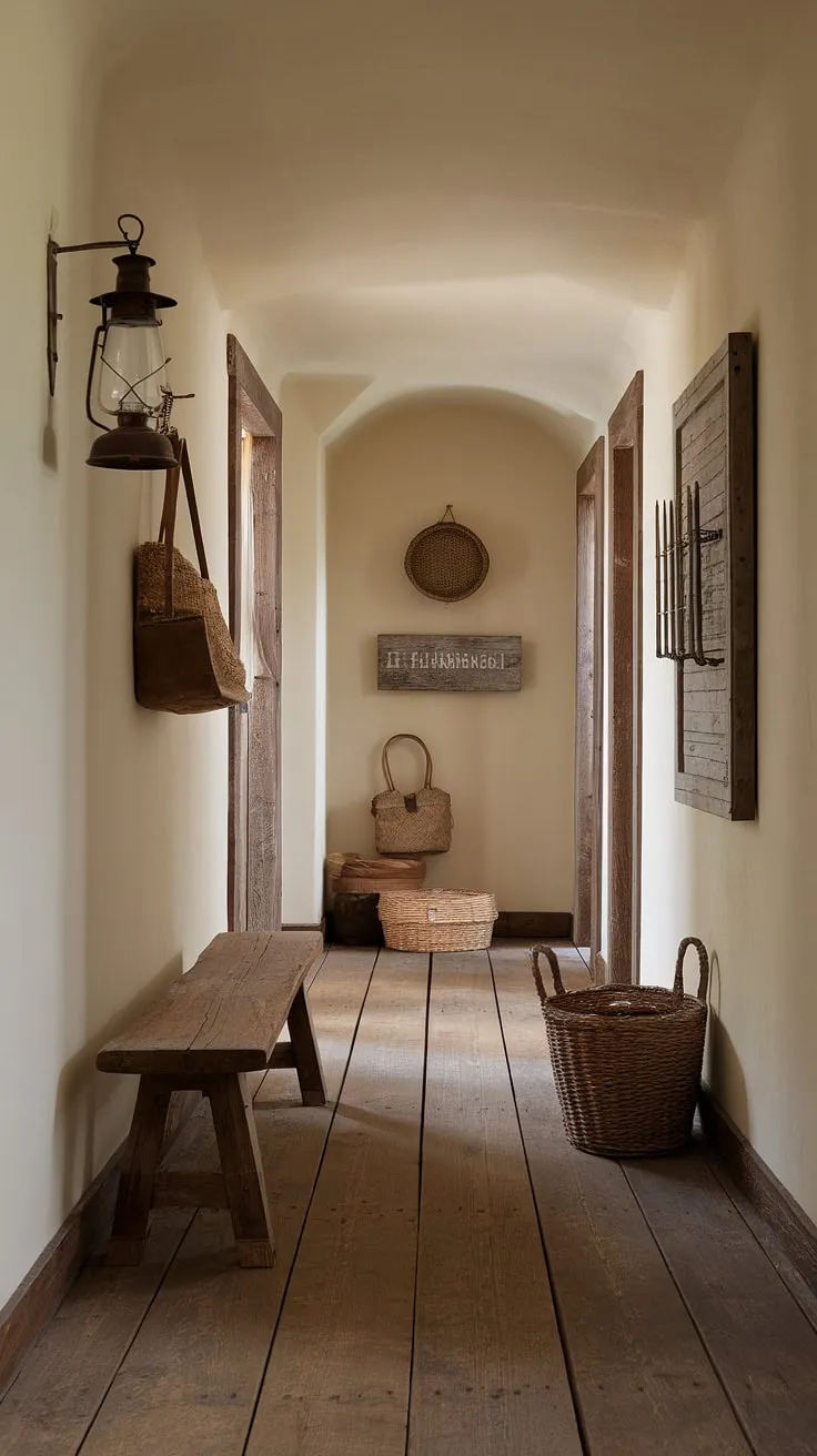 Rustic hallway perfection: this modern rustic homes entryway boasts a rustic wooden bench, vintage home decor, and hallway design ideas that define cozy. Explore the rustic entryway and find inspiration for your own country entryway.