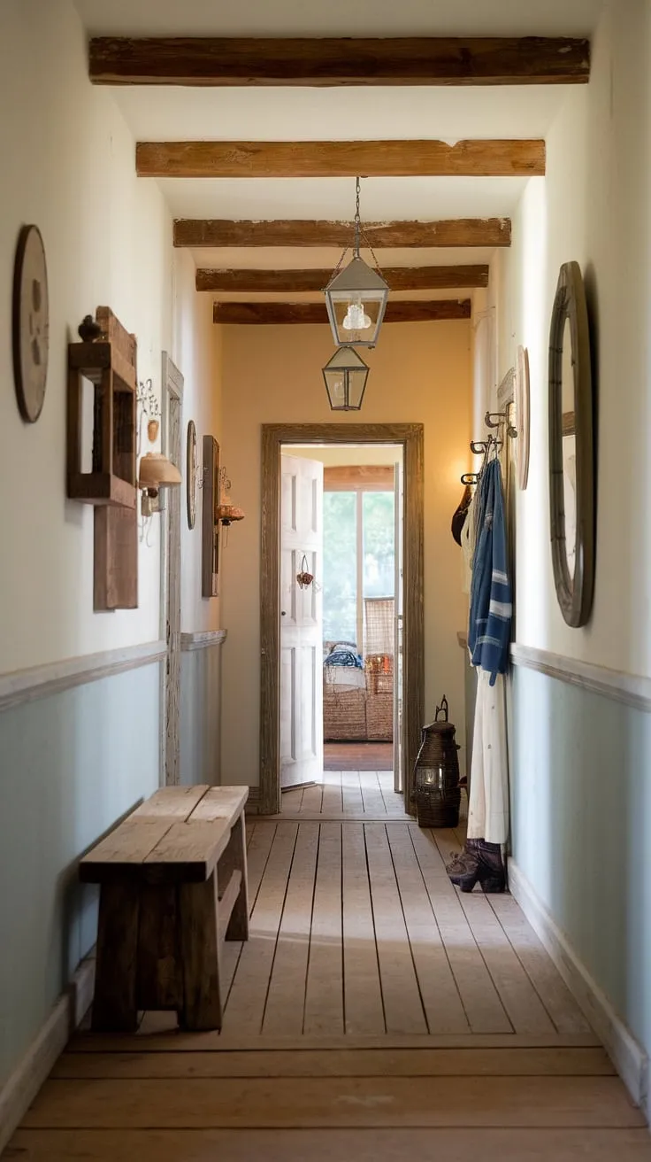 Rustic hallway perfection! This country entryway boasts a rustic wooden bench, vintage home ideas, and a hallway design that's both inviting and stylish. Explore more hallway design ideas for your modern rustic home.