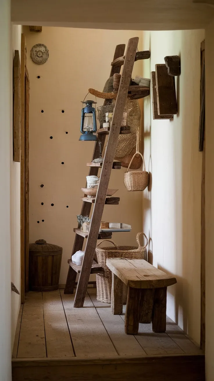 Step into the warmth of this rustic entryway, where a rustic wooden bench welcomes you and hallway design ideas blend seamlessly with vintage home decor. The rustic hallway's charm is undeniable.