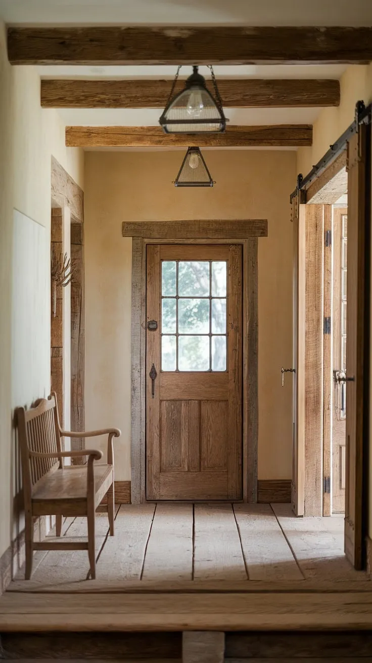 Rustic hallway perfection: This country entryway, complete with a rustic wooden bench and vintage light fixture, offers endless hallway design inspiration for those seeking home decor with a touch of old-world charm.