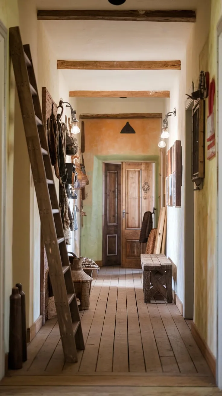 Step into this charming country entryway, where a rustic hallway unfolds, showcasing vintage home ideas and hallway design ideas. A rustic wooden bench sits invitingly at the end, while a wooden ladder leans against a wall adorned with treasured finds, perfectly complementing the distressed texture and wooden plank floor. This rustic hallway is a testament to the warmth and character found in modern rustic homes and offers plenty of home decor inspiration.