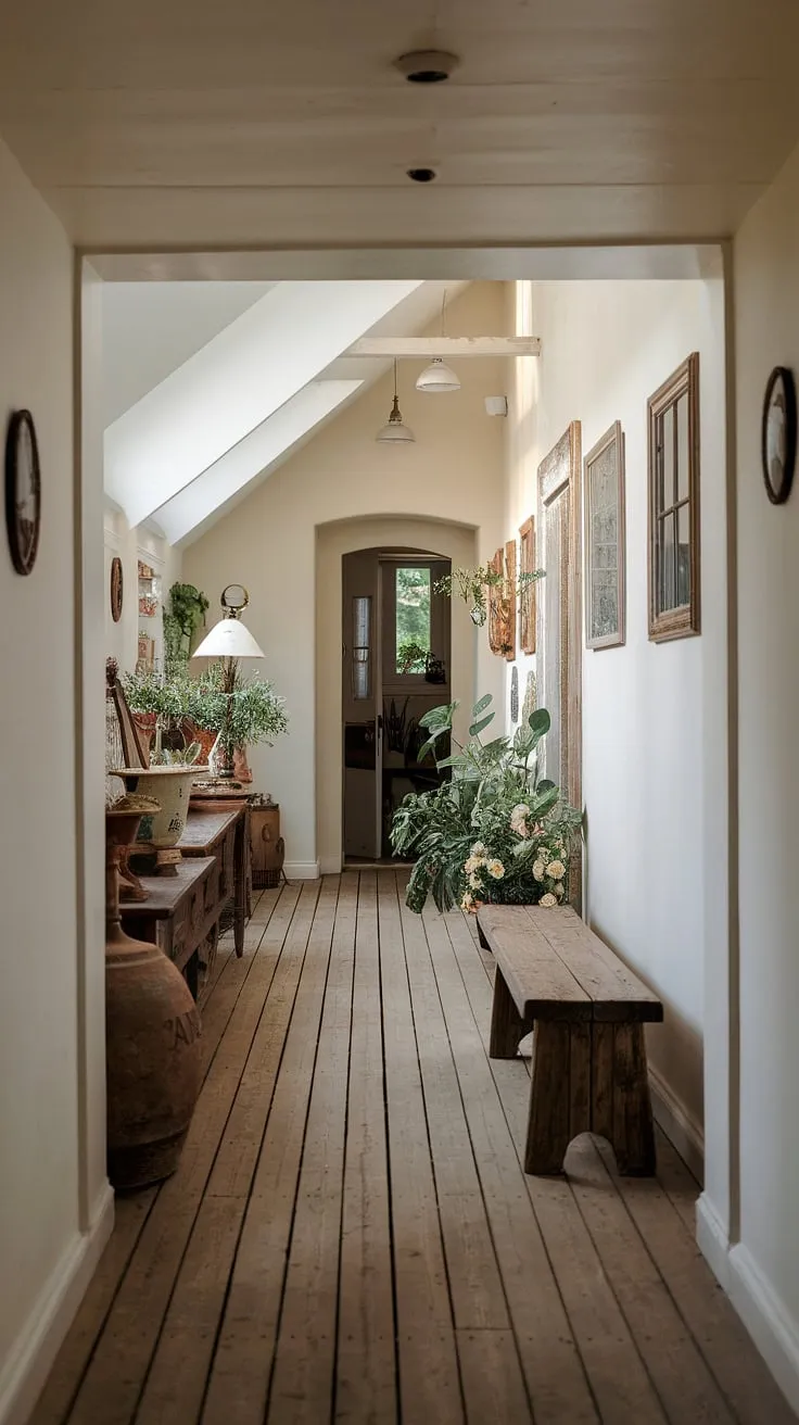 Step into this charming country entryway, where a rustic hallway unfolds with vintage home ideas at every turn. A rustic wooden bench offers a welcoming seat amidst the carefully curated home decor and potted plants, showcasing hallway design ideas perfect for modern rustic homes. The high ceilings and white walls, punctuated by the character of exposed screws, add to the rustic hallway's unique appeal.