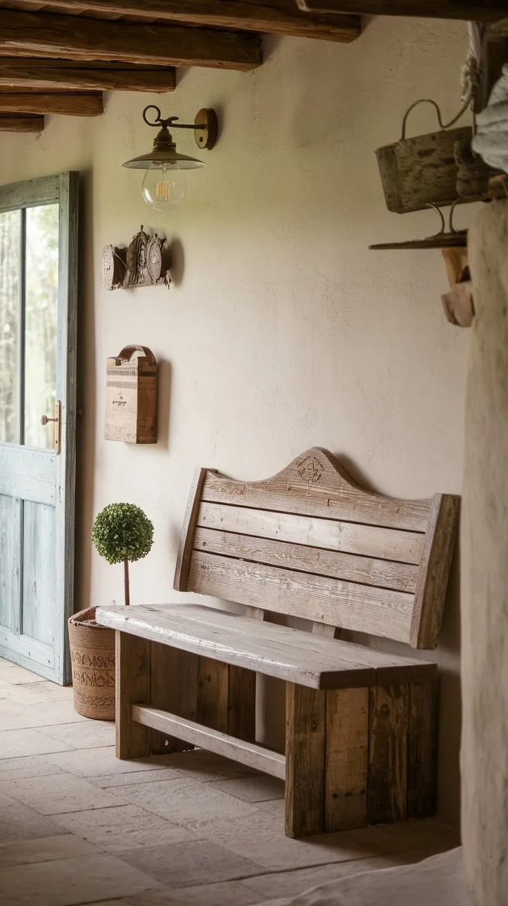 Step into this charming country entryway, where a rustic wooden bench welcomes you into a home filled with vintage home ideas and hallway design ideas. The rustic hallway's modern rustic homes aesthetic is perfectly complemented by the home decor.