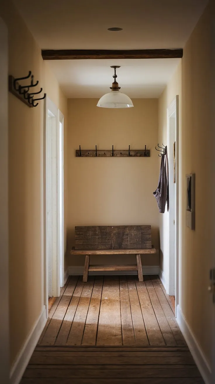 Discover hallway design inspiration in this rustic entryway.  The rustic wooden bench adds a touch of country charm to the beige walls, showcasing clever hallway design ideas perfect for modern rustic homes.  This home decor perfectly captures the essence of a welcoming rustic hallway.